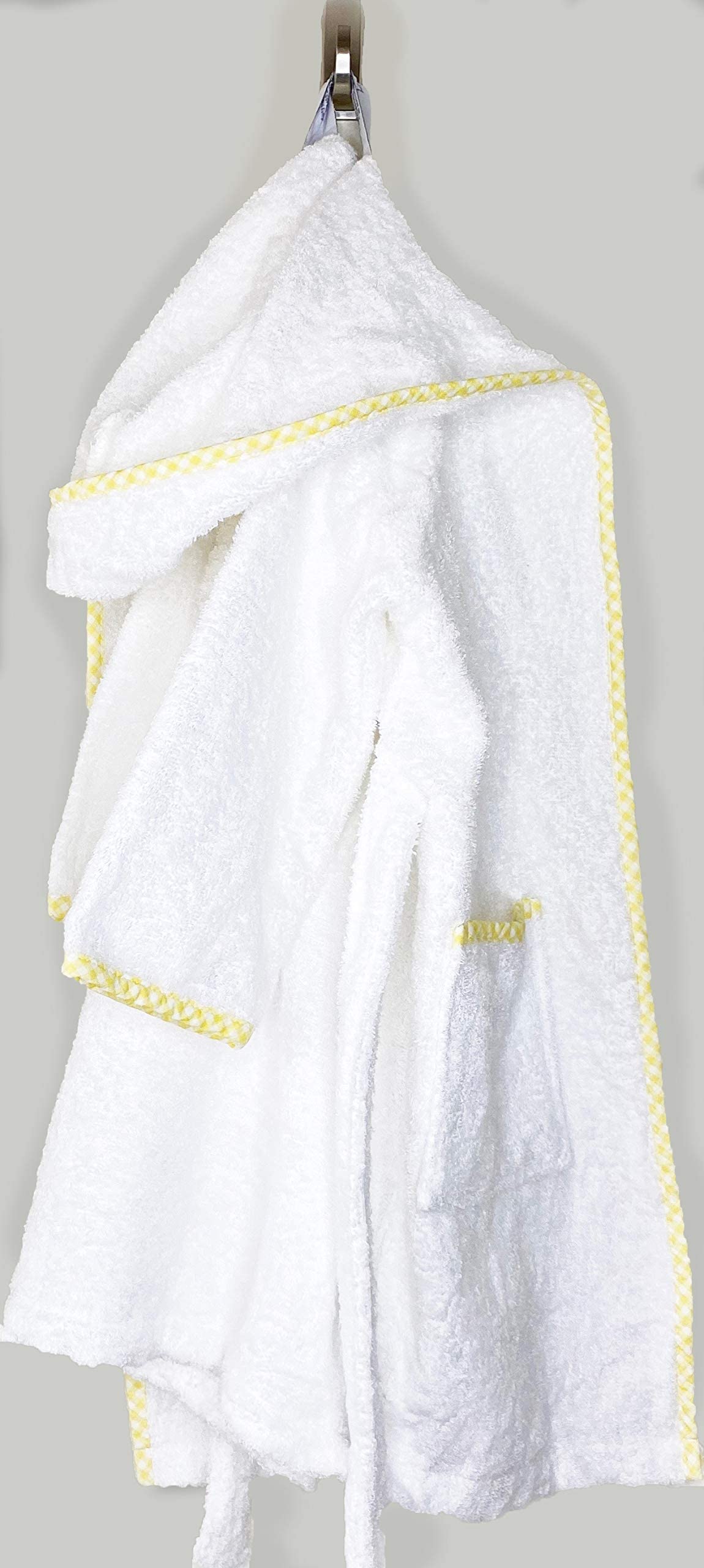 Kid's Super Soft and Absorbent Cotton Cover-Up Bathrobe, Prince George Style Luxury Hooded Robe. White and Yellow Checkered Binding, Turkish Terry Bathrobes.