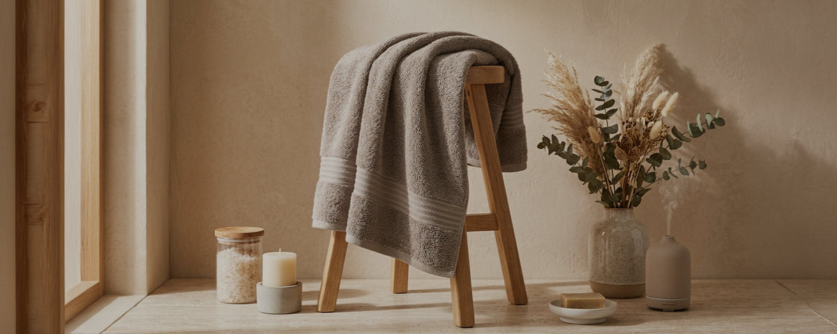Taupe Turkish cotton towel in a calm bathroom