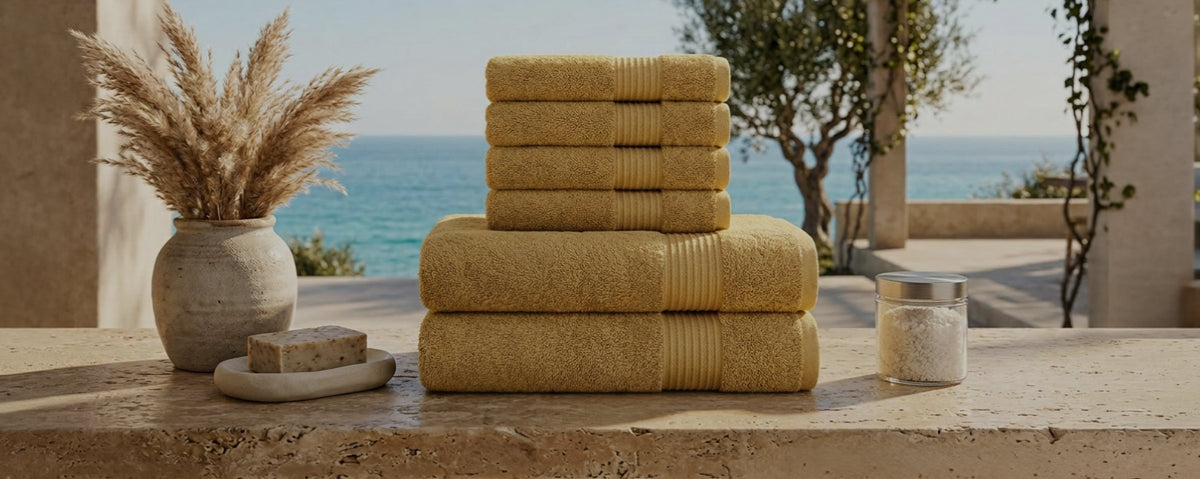 Mustard yellow Maura towel set on a coastal terrace