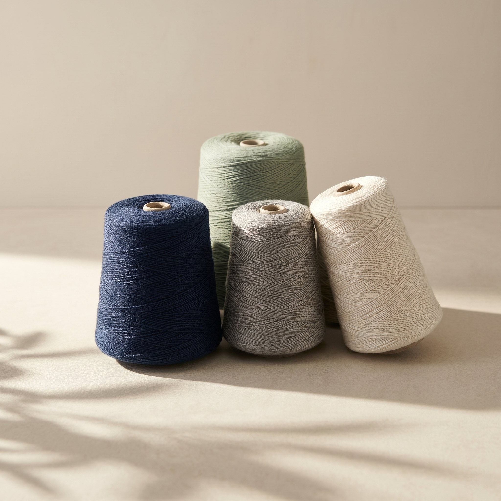 Cones of Turkish cotton yarn in navy, grey, cream and sage