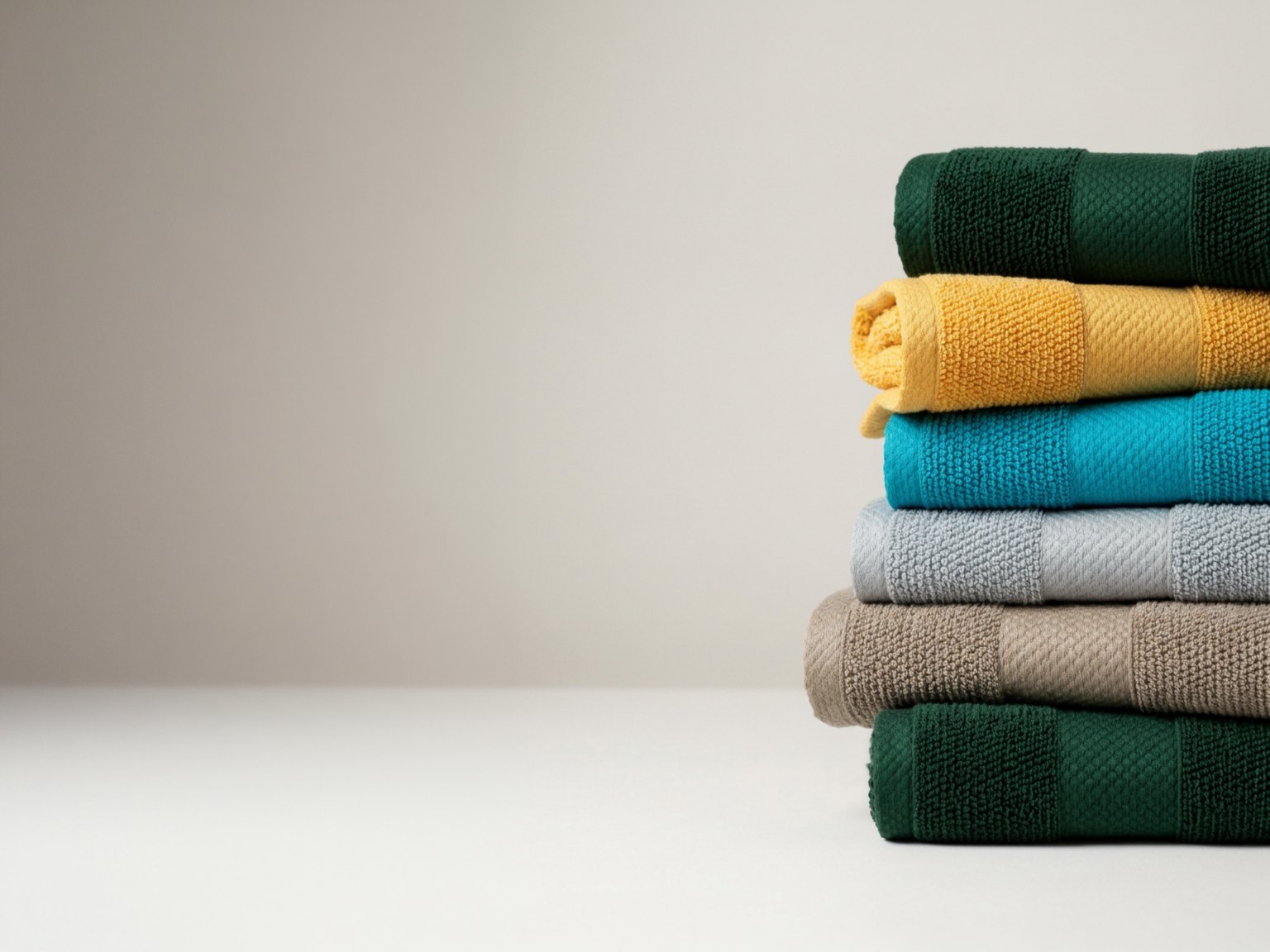 Folded Maura towels in mixed colors, showing plush pile and dobby borders