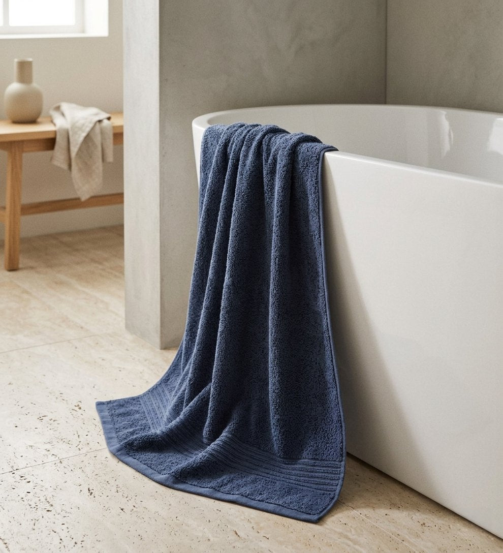 Navy Maura towel draped over a white bathtub