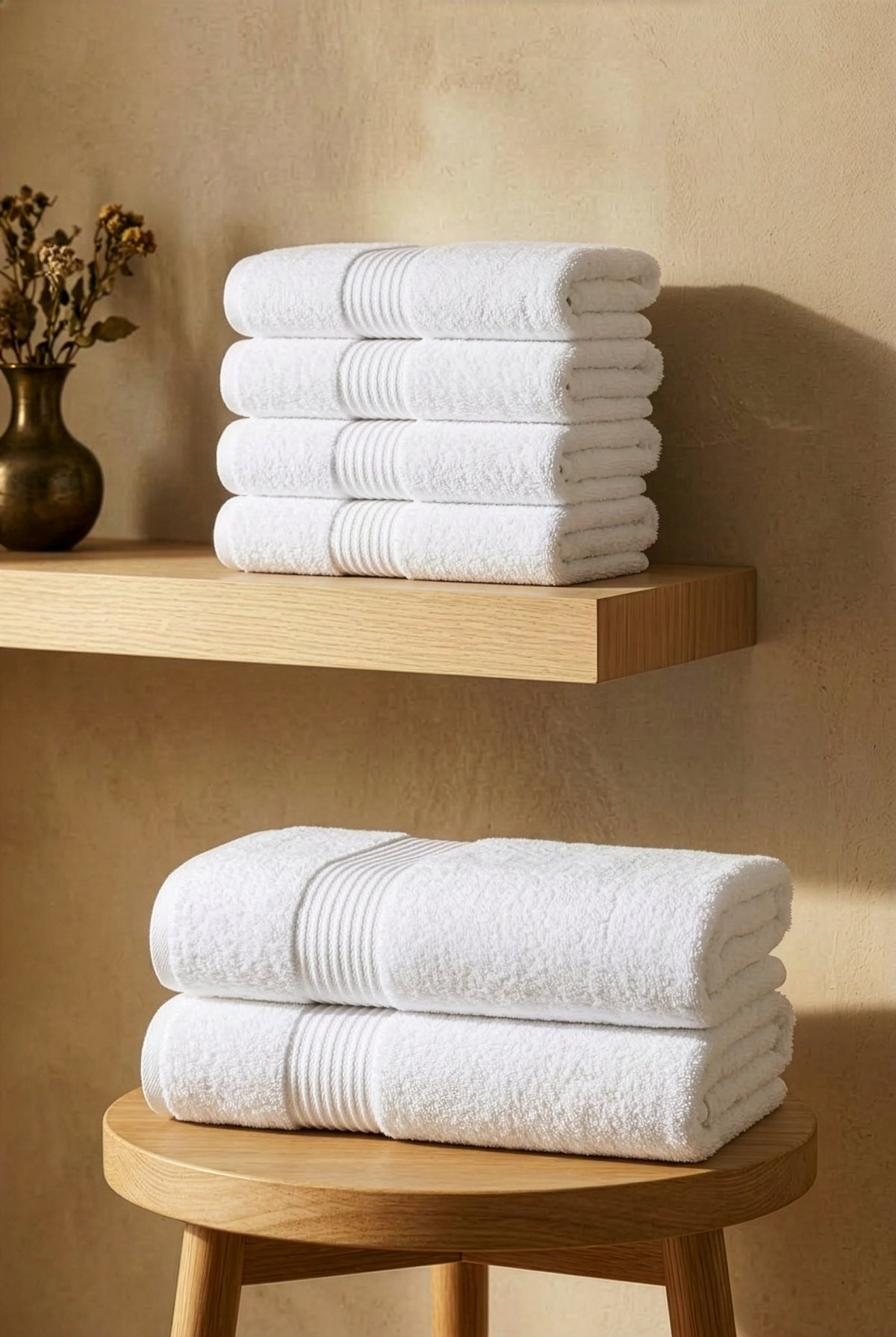 White Maura towels stacked in a considered interior