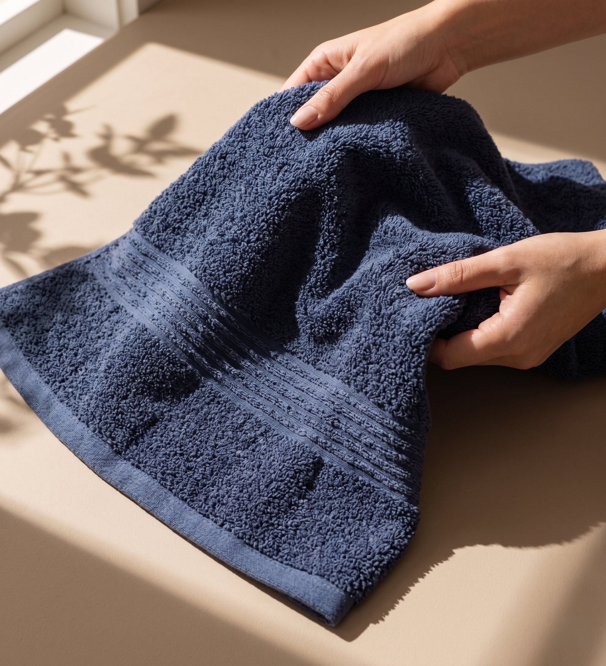 Hands gathering a navy Turkish cotton terry towel